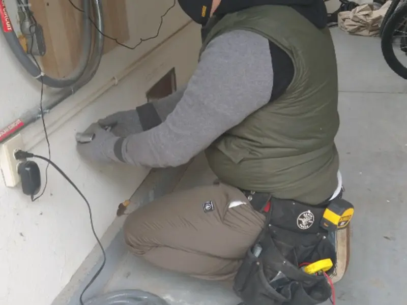 Electrician performing outlet wiring in a Rosemont garage